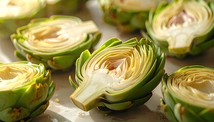 Fresh artichokes sliced open, inviting culinary creations and healthy eating with vibrant green hues
