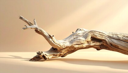 Fototapeta premium Driftwood sculpture casts soft shadows, enhancing serene modern interior spaces with organic coastal elements
