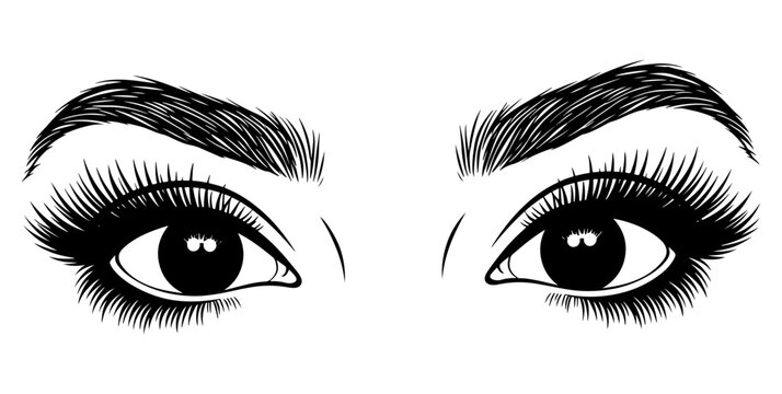 Vector art of elegant eye illustration with thick lashes and arched eyebrows, conveying glamour and sophistication