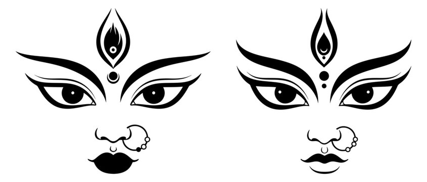 Vector art of durga maa face illustration, depicting traditional hindu goddess with intricate details and symbolism