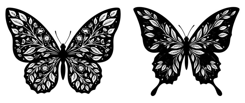 Vector art of two black and white butterfly designs with floral patterns for tattoo or logo design concept