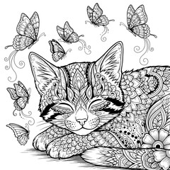Vector art of a serene cat surrounded by butterflies, intricately designed with detailed patterns, creating a calming scene