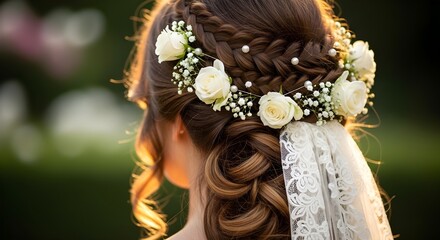 Romantic bridal updo with braided hair and delicate white roses, perfect for wedding inspiration, elegant events, or beauty advertising campaigns