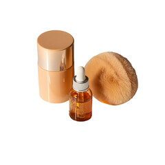 Professional beauty products set featuring foundation, skin care serum dropper, and soft cosmetic powder puff isolated on transparent background