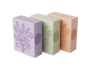 Stack of three luxury aromatherapy soap bars in pastel colors featuring embossed lavender and daisy patterns isolated on transparent background