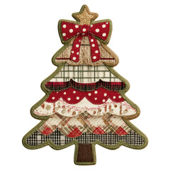 Festive Fabric Christmas Tree: A whimsical, handcrafted Christmas tree ornament composed of layered, patterned fabrics and adorned with a charming red bow.