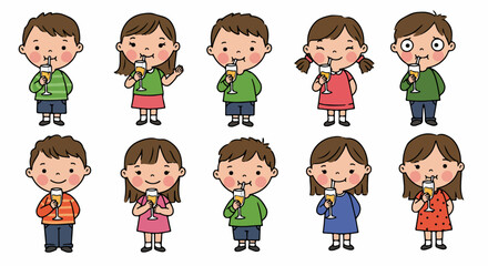 Children drinking juice with happy expressions