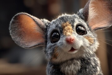 Close-up of an adorable, fluffy mouse with big ears and eyes, showcasing its charming and endearing features.
