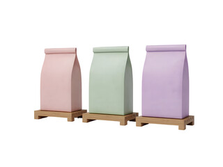 Three 3D blank pastel paper packaging bags displayed on wooden miniature pallets, ideal for branding mockup isolated on transparent background