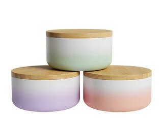 Three gradient ceramic candle jars with natural bamboo lids stacked together for product display isolated on transparent background