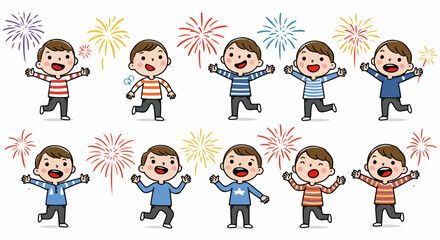 Happy boy celebrating fireworks with joyful expressions