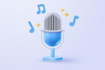 3d microphone with voice for announce promotion in background. mic record for music singing and audio or podcast minimal concept. 3d mic icon vector render illustration for alert and announcement
