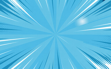 Obraz premium Abstract blue radial burst background with white lines and halftone dots, dynamic speed lines effect