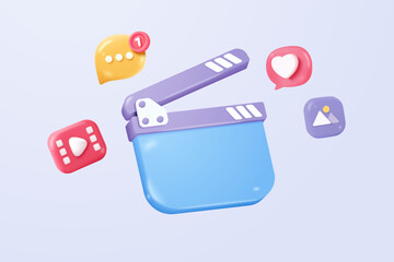 3D cinema movie with minimal film theater play icon, watch movie in theatre and notification. Media film for entertainment alert in social media. 3d cinema reminder vector icon render illustration