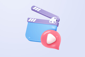 3D cinema movie with minimal film theater play icon, watch movie in theatre and notification. Media film for entertainment alert in social media. 3d cinema reminder vector icon render illustration