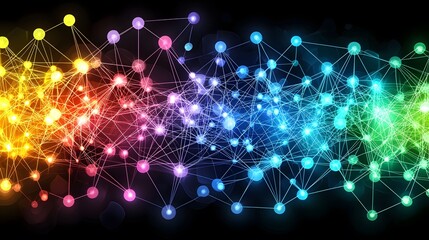 Fototapeta premium The image shows a network of interconnected colorful nodes on a dark background, appearing like a vibrant depiction of data connections or a complex web.