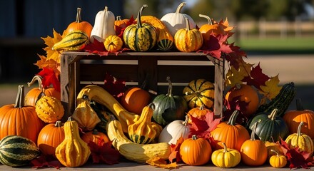 Abundant autumn harvest display with pumpkins and gourds in a wooden crate amidst vibrant fall foliage. Ideal for Thanksgiving, Halloween themes, autumn decor and seasonal promotions.