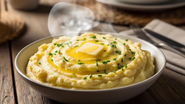 Mashed potato bowl with butter and chives culinary still life