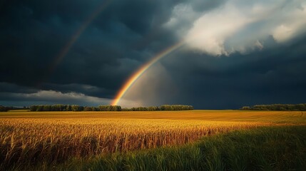 Colorful rainbow over dark stormy sky in peaceful countryside landscape