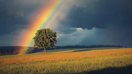 Colorful rainbow over dark stormy sky in peaceful countryside landscape