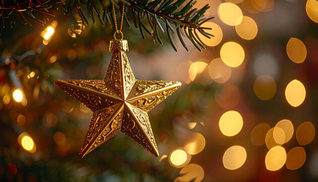 A golden star ornament hangs on a Christmas tree branch, surrounded by a magical bokeh of twinkling warm lights, evoking a serene and joyful festive holiday spirit - Powered by Adobe
