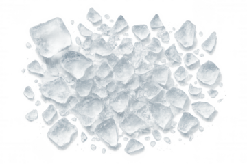 Pile of transparent ice cubes and crushed ice pieces forming an abstract shape, cold refreshing frozen water