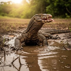 Fototapeta premium Komodo Dragon Emerging From Muddy Water In A Lush Forest.