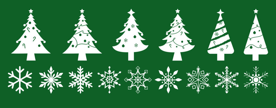 &Aacute;rboles de navidad y copos de nieve. Vectores tipo siluetas para decoraci&oacute;n o complemento