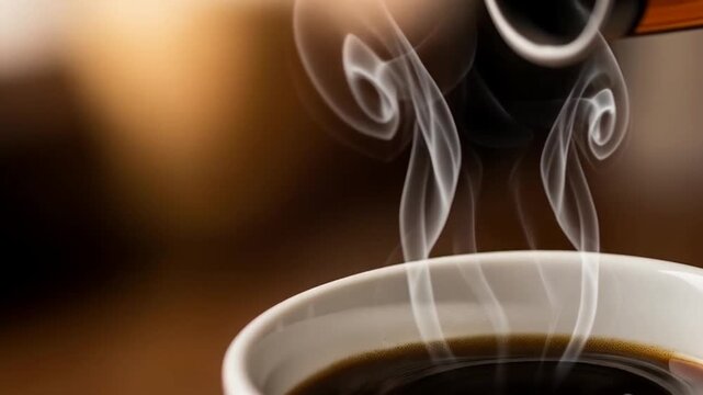 Hot Coffee Pouring into a White Mug with Steam Rising