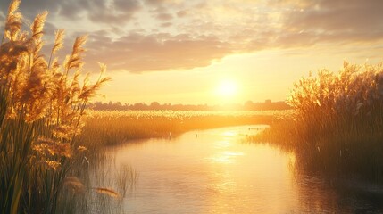 Golden sunset over peaceful river reed meadow scenic nature landscape