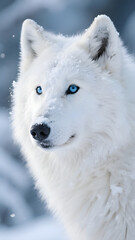 A cute white arctic wolf, Canis lupus arctos, is a wild mammal predator in the cold winter snow, wolf wallpaper