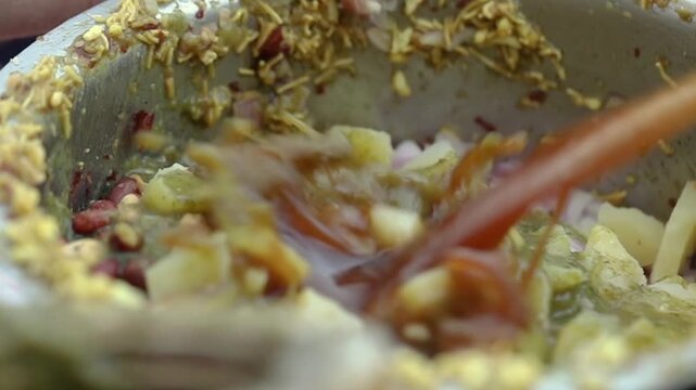Spicy Indian snack Bhel puri. Quick Indian street food.