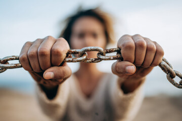 A woman holding a broken chain, concept of freedom and liberation