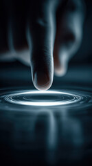 Futuristic touch screen finger technology interface neon glow circle ripple macro vertical frame human hand device gesture tap press haptic setup