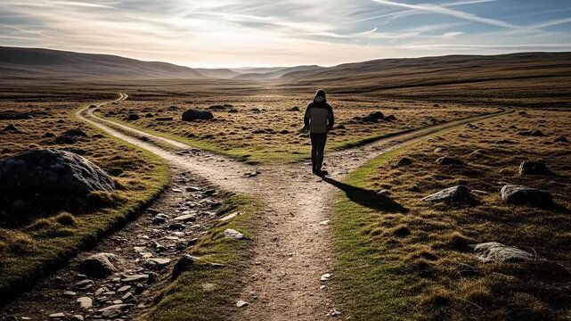 A person standing at a fork in a rural dirt road making a choice about which path or direction to take