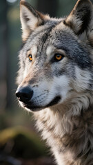 A portrait of a magnificent gray wolf (Canis lupus) in the snow, a wildlife predator with piercing eyes, wolf wallpaper
