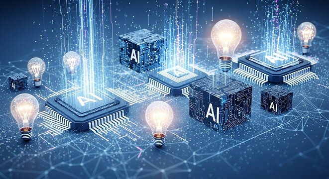 AI Innovation - Light Bulbs and Chips Representing Artificial Intelligence.