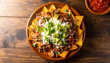 Plate of loaded nachos with cheese cilantro salsa