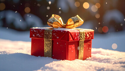 Festive red gift box with golden ribbon rests in sparkling snow. Falling flakes and warm bokeh lights create a magical winter holiday scene, symbolizing joy and giving