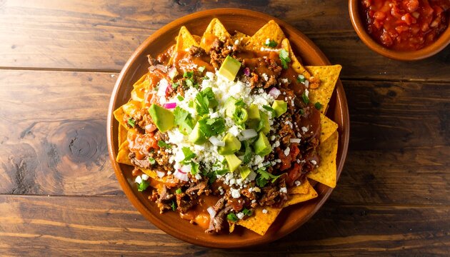 Plate of loaded nachos with cheese cilantro salsa