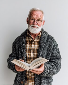 A wise, elderly man with a distinguished white beard and spectacles is engrossed in reading a book, exuding the calm of age.