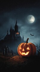 Twilight frights: a fiery pumpkin in the night. Glamour photo. Chilling allure: subtle shades of a mysterious halloween night. High resolution. Modern design.