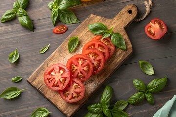 Fresh Tomatoes and Basil on Wooden Cutting Board
