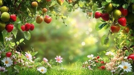 27.Close-up of delicate flowers in full bloom, surrounded by fruit trees heavy with ripe, colorful fruits like strawberries, apples, and pears, set against a fresh green landscape in springtime