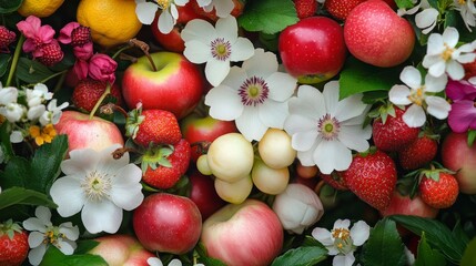 27.Close-up of delicate flowers in full bloom, surrounded by fruit trees heavy with ripe, colorful fruits like strawberries, apples, and pears, set against a fresh green landscape in springtime