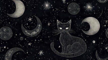 58.A dreamy gothic illustration with a seamless repeating pattern of witchy cats, celestial moons, and abstract galaxy elements. The design features intricate linework, esoteric symbols, and cosmic