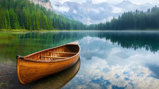 Wooden canoe parked by tranquil lake with mountain reflections and pine forest landscape