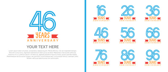 logo anniversary set. blue color with red ribbon on white background for special event