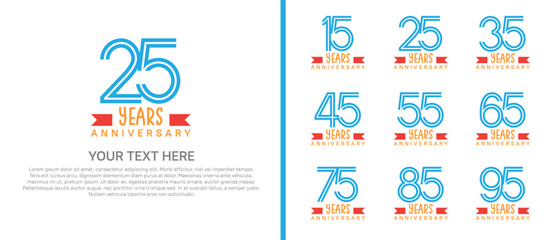 logo anniversary set. blue color with red ribbon on white background for special event