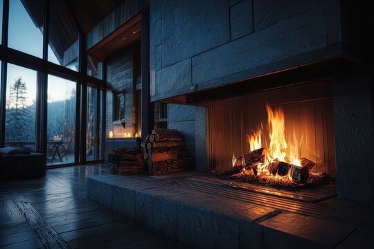 Cozy cabin interior with roaring fireplace, logs, and winter scenery outside. Perfect for holiday greetings, winter travel, or relaxation themed projects.